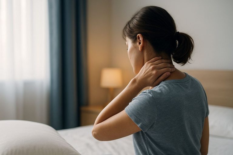 Kobieta siedząca na łóżku trzyma się za kark, odczuwając ból szyi w sypialni, sugerujący napięcie mięśni lub problem ze snem.