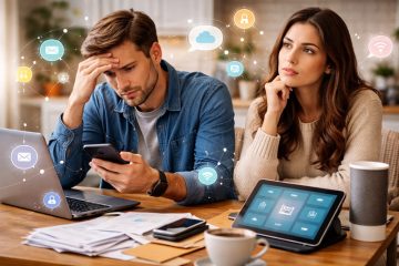 Młoda para siedząca przy stole z laptopem, smartfonem i tabletem, pokazująca stres i zamyślenie w otoczeniu nowoczesnych technologii