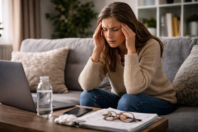 Stres przewlekły a zdrowie fizyczne – kobieta odczuwająca ból głowy i zmęczenie, siedząca na kanapie z laptopem i dokumentami