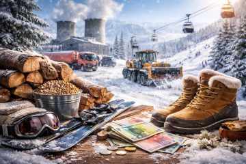 Zimowa scena gospodarcza, oświetlone miasto w mroźny wieczór, transport, przemysł i infrastruktura funkcjonujące w warunkach zimowych