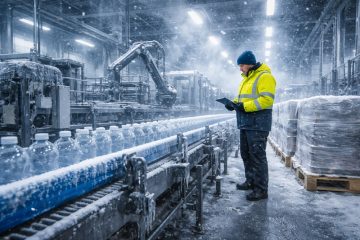 wpływ mrozu na linie produkcyjne – przemysłowa linia produkcyjna w niskiej temperaturze, operator kontrolujący proces w zimowych warunkach