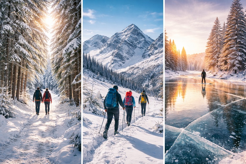 bezpieczeństwo zimą w terenie spacer w zaśnieżonym lesie nad jeziorem w górach