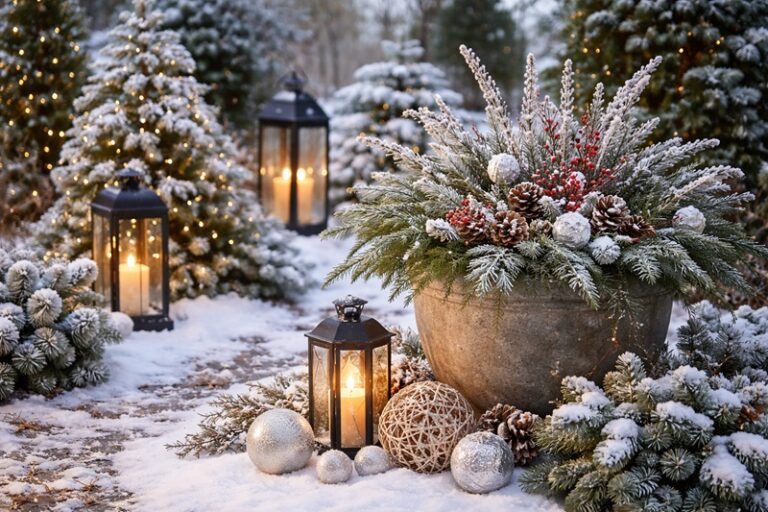 zimowe dekoracje ogrodowe z mrozoodporną donicą i lampionami w ośnieżonym ogrodzie