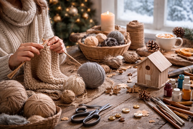 rozwijanie pasji manualnych zimą kobieta tworząca rękodzieło przy stole w przytulnym wnętrzu podczas zimowego wieczoru