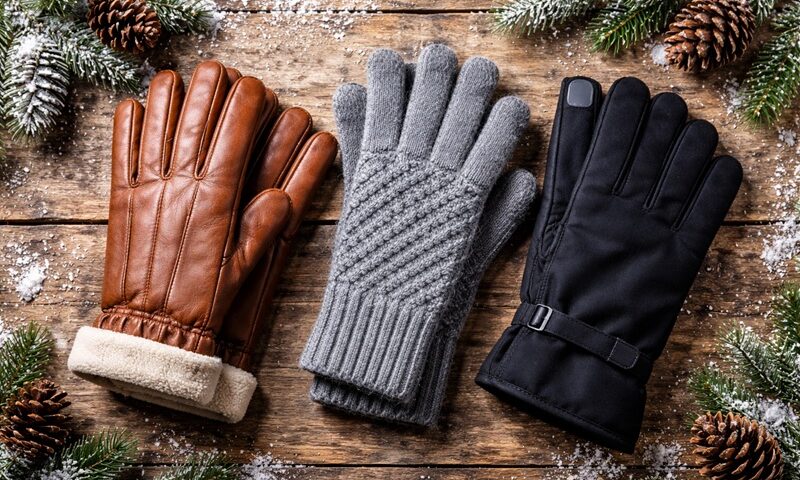 rękawiczki zimowe skórzane, wełniane i smart-touch na drewnianym stole